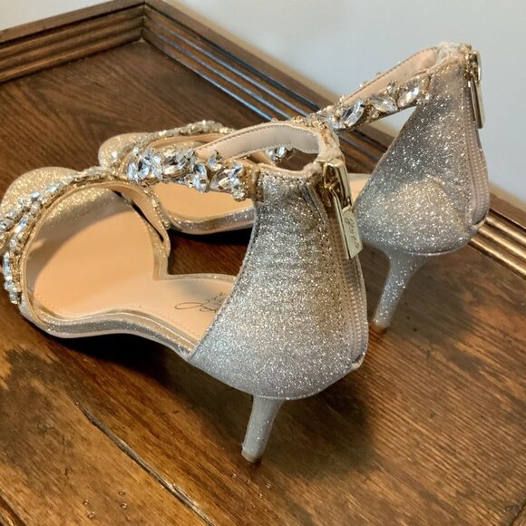 Jewel Badgley Mischka Caroline Embellished Strap Evening Shoes Champagne 9.5 - Picture 3 of 7